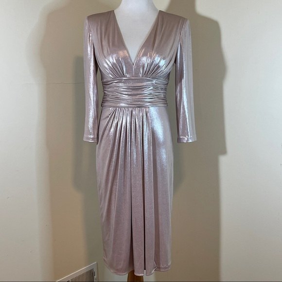 Vince Camuto Women's Size 6 Taupe Rose Metallic Ruched Waist Long Sleeve Dress - Picture 5 of 10